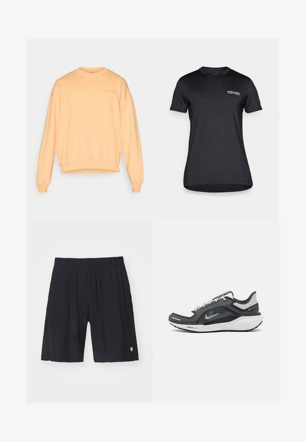 Persiku krāsas sporta krekls, izgatavots no mīksta kokvilnas. Tam ir apaļa kakla izgriezums, krituši pleci, ribota piedurknes un mazs logs uz krūšu zonas.; Melnas īsām piedurknēm T-krekls, izgatavots no gludas auduma, ar apaļu kakla izgriezumu un mazu baltu logo kreisajā krūtīs.; Melnas šortus ar elastīgu jostu, izgatavoti no gludas auduma. Ievērojams neliels logos apakšējā labajā pusē un taisnas kājas.; Melnas un pelēkas sporta kurpes ar tīklu augšdaļu, atstarojošiem akcentiem un baltu starpzoli. Aprīkotas ar teksturētu gumijas zoli un šņorēm.
