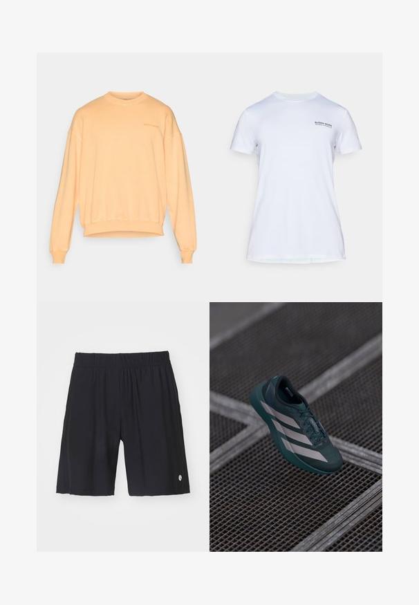 Peach-colored sweatshirt made of soft cotton. Features a round neck, dropped shoulders, ribbed cuffs, and a small logo on the chest.; White short-sleeve athletic t-shirt with "Björn Borg Training Club Monaco" text printed on the upper left chest.; Black shorts with an elastic waistband, made of smooth fabric. Features a small logo on the lower right side and straight cut legs.; Dark teal athletic shoe with a textured upper, featuring three white stripes, a rounded toe, and a cushioned sole.