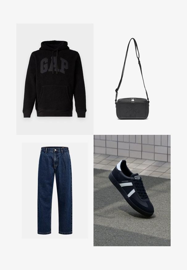 GAP LOGO HOOD - Hættetrøje - black; Mørkeblå denimjeans med lige ben-design. Har synlige syninger, en knaplukning og frontfoldninger for ekstra detalje.; Sort lædersneaker med hvide striber, tekstureret gummisål og snørrebånd foran. Har et brandet mærke på tungen.; Sort læder crossover taske med lynlåslukning, præget logo på fronten og justerbar rem. Glat tekstur med rektangulær form.