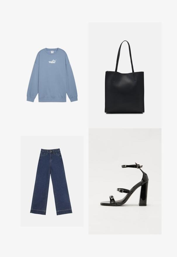 Ljusblå sweatshirt tillverkad av mjukt tyg, med rund hals, långa ärmar och en vit logotyp med blommiga detaljer på bröstet.; Breda jeans i mörkblå denim. Har fem fickor, bälteshögar och en ofärdig kant längst ner med synliga sömnadsdetaljer.; Svarta lackerade klacksandaler med fyrkantig tå, ankelremmar och silverfärgade spännen. Har en kraftig blockklack för stabilitet.; Svart lädertoffelväska med slät textur, rektangulär form och två långa handtag. Ingen synlig hårdvara eller dekorationer.