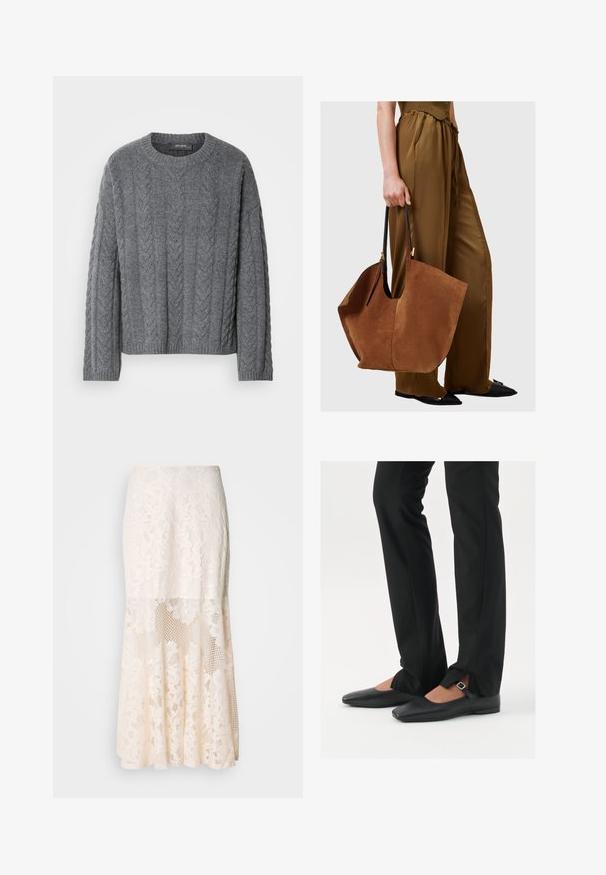 Harmaa kabelineulepaita, jossa on pitkät hihat ja pyöreä pääntie. Ominaisuuksiin kuuluu tekstuuri kuvio ja ribbaus helma, valmistettu pehmeästä ja lämpimästä materiaalista.; Kermakuvioinen midi-hame; siinä on kerroksellinen rakenne, läpinäkyviä osia, teksturoitua pitsiä ja levenevä helma.; Musta nahkakengät balettityylillä, kärjessä terävä muoto, hihna hopeasoljella, yhdistetty mustiin räätälöityihin housuihin, joissa on halkiohelma.; Ruskea mokkakangasta oleva olkalaukku mustilla nahkakäsilla, jossa on leveä, rento muoto ja minimalistinen muotoilu. Laukkua pitelee henkilö ruskeissa housuissa.; Hopeakauppaketju, jossa on aaltoileva, veistoksellinen muotoilu ja kiiltävä pinta, esittelee epäsäännöllisiä muotoja, korostaen nykyaikaista estetiikkaa.