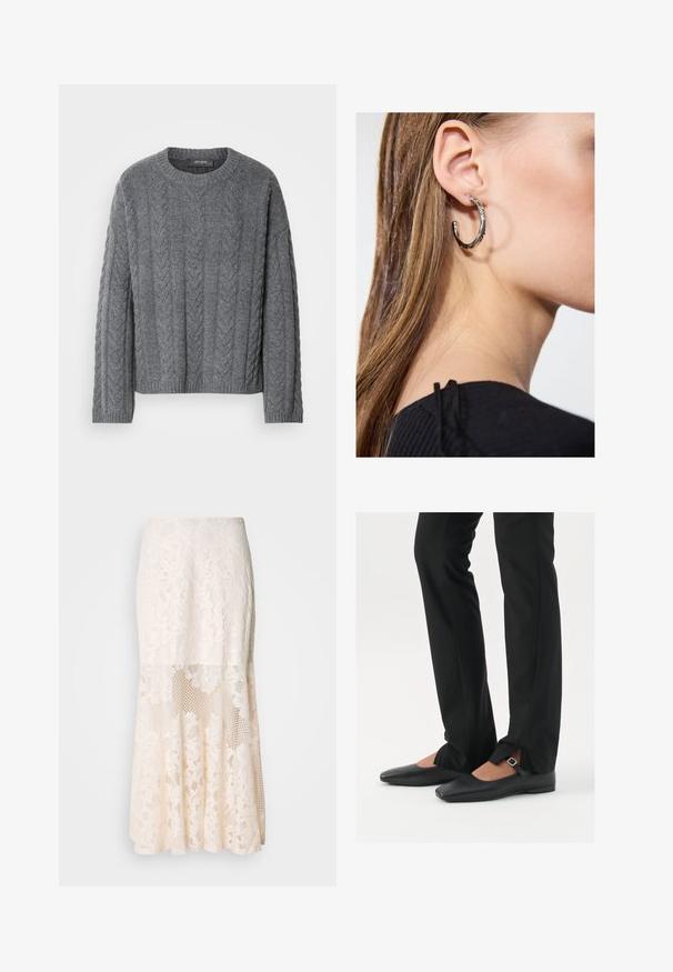 Grauer, kabelgestrickter Pullover mit langen Ärmeln und Rundhalsausschnitt. Mit strukturiertem Muster und geripptem Saum, aus einem weichen, warmen Material gefertigt.; Blumige Spitzen-Midi-Rock in Creme; verfügt über ein geschichtetes Design mit transparenten Abschnitten, strukturierter Spitze und einem ausgestellten Saum.; Schwarze Leder-Ballerinas mit spitzer Zehenpartie, Riemchen mit silberner Schnalle, kombiniert mit schwarzen taillierten Hosen mit Schlitzsaum.; Silberne Creolen mit polierter Oberfläche, die kleine goldene Akzentdetails und eine runde Form aufweisen, am Ohrläppchen getragen.