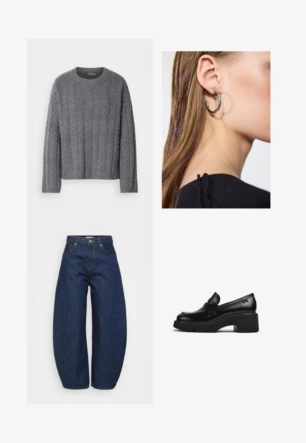 Gray cable-knit sweater with long sleeves and a round neckline. Features textured pattern and ribbed hem, made from a soft, warm material.; High-waist dark blue denim jeans with wide legs, front button and zipper closure, and classic five-pocket design.; Black leather chunky-heeled loafer with thick sole and a strap detail across the top, shown from the side on a white background.; Silver hoop earring with a polished finish, featuring small gold accent details and a round shape, worn on the lobe.
