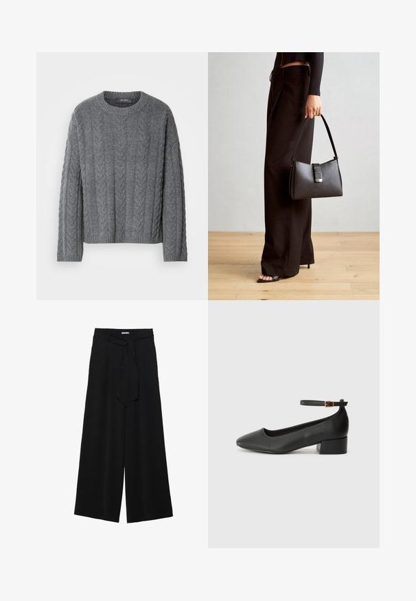Gray cable-knit sweater with long sleeves and a round neckline. Features textured pattern and ribbed hem, made from a soft, warm material.; Black wide-leg pants featuring a textured fabric, an elastic waistband, and a detachable sash tie at the waist for adjustable fit.; Black leather pump with a pointed toe and a low block heel. Features an ankle strap with a gold-tone buckle. Smooth texture.; Black handbag with structured shape, smooth texture, and a metallic clasp. Paired with wide black pants and open-toe sandals on wooden floor.