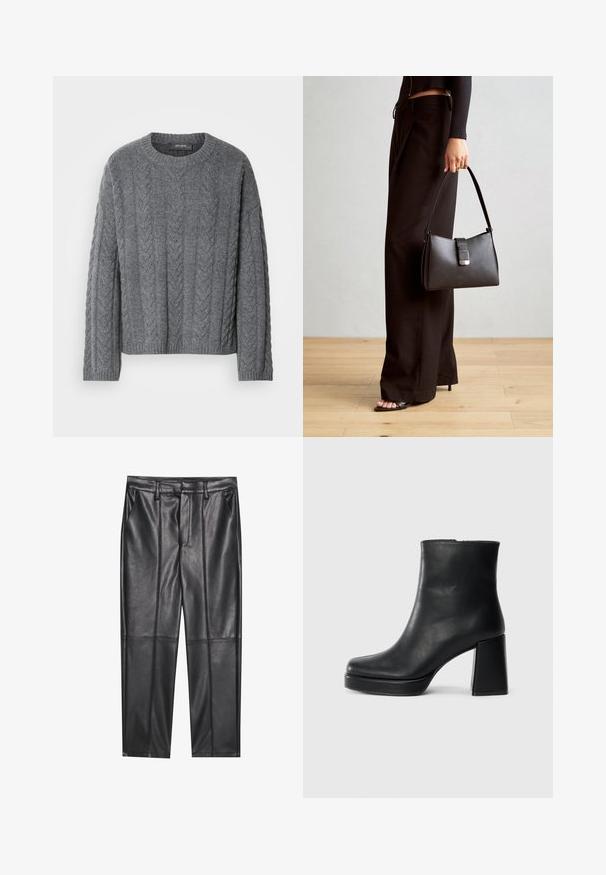 Sivý pletený sveter s dlhými rukávmi a okrúhlym výstrihom. Obsahuje textúrovaný vzor a rebrovaný lem, vyrobený z mäkkého a teplého materiálu.; Čierne kožené nohavice s hladkou textúrou, rovného strihu, s dvoma prednými vreckami a viditeľným švom.; Čierne kožené členkové topánky s blokovým podpätkom a platformovou podrážkou, zobrazené z boku na bielom pozadí.; Čierna kabelka so štruktúrovaným tvarom, hladkou textúrou a kovovou sponou. V kombinácii so širokými čiernymi nohavicami a sandálmi s otvorenou špičkou na drevenej podlahe.