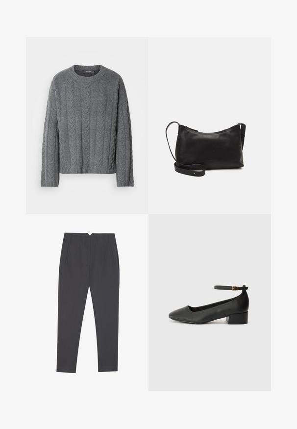 Maglione grigio a maglia con maniche lunghe e scollatura rotonda. Presenta un motivo testurizzato e orlo a costine, realizzato in un materiale morbido e caldo.; Pantaloni tapered grigio scuro con tasche laterali e pieghe frontali, progettati per una vestibilità su misura.; Pump in pelle nera con punta affusolata e tacco basso a blocco. Presenta una cinghia alla caviglia con una fibbia in tonalità oro. Texture liscia.; Borsa a spalla in pelle nera con una texture liscia, forma curva, tracolla regolabile e chiusura con zip. Design minimalista senza ornamenti.