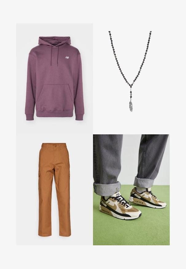 Sweatshirt roxo feito de tecido macio, com um bolso canguru, capuz com cordão, punhos canelados e um pequeno logotipo no peito.; Calças cargo castanhas em uma mistura de algodão texturizado, com um design de perna reta, dois bolsos laterais e um fecho de botão na cintura.; Sapatilhas Nike Air Max 90 em bege e preto, com materiais em malha e couro, almofada visível e atacadores pretos.; Colar de contas pretas com texturas variadas, apresentando um pingente de pena em prata como um detalhe notável. As contas incluem acabamentos mate e brilhante.