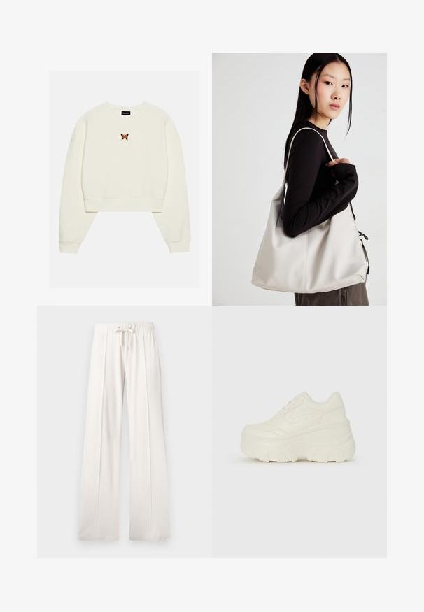 Felpa corta color crema con una farfalla arancione ricamata al centro. Presenta maniche ampie e polsini a coste.; Pantaloni della tuta beige chiaro realizzati in tessuto morbido, con vita regolabile, gambe larghe e cuciture verticali, dal fondo liscio.; Sneakers bianchi con piattaforma, caratterizzati da una parte superiore simile alla pelle liscia, forma arrotondata, collo imbottito e suola in gomma testurizzata con scanalature ben definite.; Borsa a mano beige realizzata in materiale morbido, caratterizzata da un design morbido, dettagli cuciti e due manici. Adatta per l'uso quotidiano.