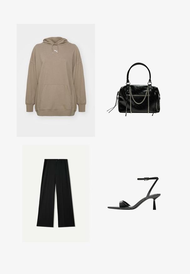 Világosbarna anyagú kapucnis pulóver, elöl kenguru zsebbel, bordás mandzsettákkal, és egy kis fehér logóval a mellen.; Bershka WIDE - Nadrágok - black; Bershka Magas sarkú szandálok - black; Bershka WITH CHAIN - Kézitáska - black