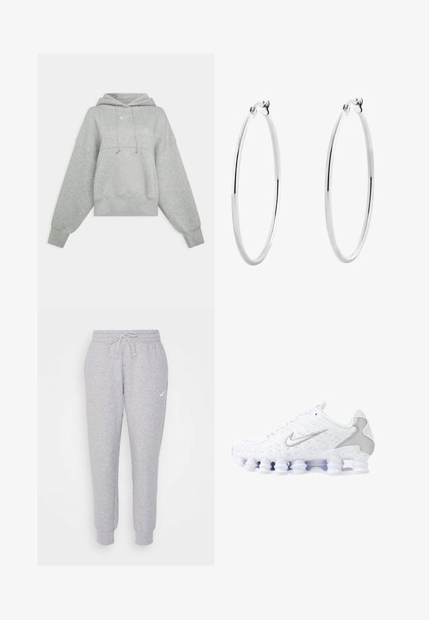 Grå croppet hettegenser laget av mykt stoff. Har justerbar snøring på hetten, vide ermer og en liten logo foran.; Lysegrå collegebukser med snor i livet, smalnede ben og en liten hvit logo på venstre lår. Laget av et mykt, teksturert stoff.; Hvite sportsko med mesh-overdel, sølvfargede detaljer og et unikt spiral såle-design. Har polstret krage og snøring for tilpasning.; Sølv ringøredobber med en glatt, polert overflate og en tynn, sirkulær form. Designet har en sikker clasp.