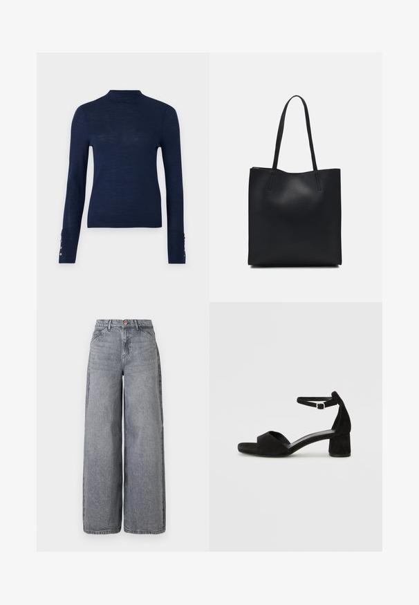 Tumedat sinise värvusega pikad varrukad särk, millel on kõrge kaelus ja nööbid mansettide peal, valmistatud tekstuursest, kerge kangast.; Laiad jopeteksad hallis pleekinud värvitoonis, millel on viis taskut, nupu sulgemine ja pehme tekstuur, millel on õrnad kulumisdetailid.; Mustad nahast kontsad avatud varvastega, millel on õhuke pahkluu rihm ja tagasihoidlik plokkkonts. Sile tekstuur ja minimaalsed aksessuaarid.; Mustast nahast kott sujuva tekstuuriga, ristkülikukujuline ja kahe pika sangaga. Pole nähtavat riistvara ega kaunistusi.