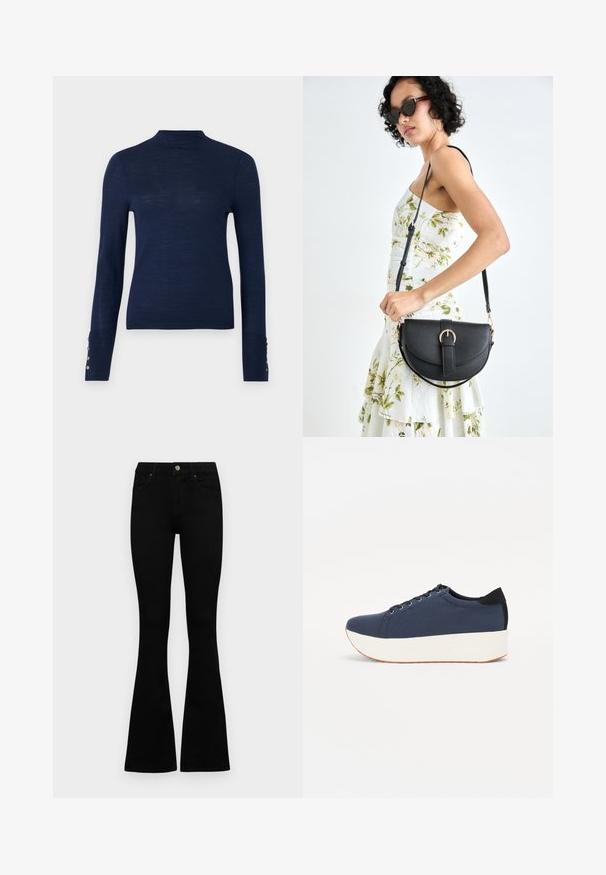 Pulover lung cu mânecă lungă de culoare bleumarin, cu guler înalt și accente cu nasturi pe manșetă, realizat dintr-un material texturat și ușor.; Jeans negri cu talie înaltă, cu închidere prin nasture și fermoar, buzunare frontale și picioare evazate, așezați pe un fundal alb.; Sneaker albastru închis, cu un material texturat pe partea superioară, talpă platformă albă, vârf rotunjit și accent de călcâi negru. Dispune de șase găuri pentru șireturi.; Geantă din piele neagră, cu o formă curbată, curea detașabilă și accesorii aurii. Geanta are un capac cu un detaliu tip cataramă.