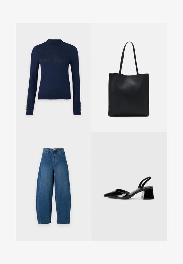 Langärmeliger, navyblauer Pullover mit hohem Kragen und Knopf-Akzenten am Bündchen, hergestellt aus einem strukturierten, leichten Stoff.; Denimjeans in einer mittleren blauen Waschung, mit hoher Taille, weit geschnittenem Bein und dem typischen fünf Taschen Design mit sichtbaren Nahtdetails.; Schwarze Lackleder-Slingback-High Heels mit spitzem Schuh und einem geometrischen Blockabsatz. Verfügt über ein schlankes, minimalistisches Design und eine glatte Textur.; Schwarze Laptoptasche aus Leder mit glatter Textur, rechteckiger Form und zwei langen Griffen. Keine sichtbaren Beschläge oder Verzierungen.