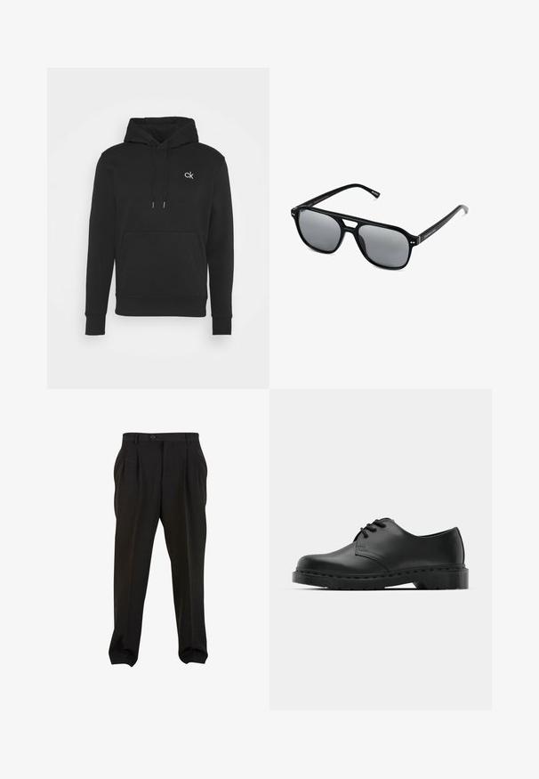 Černá mikina s klokaní kapsou, šňůrkami na stažení a malým bílým logem "ck" na hrudi. Vyrobena z měkké, strukturální tkaniny.; Černé kalhoty z hladké tkaniny, se zapínáním na tlačítko v pase, předními sklady a zúženými manžetami u kotníků. Klasický elegantní střih.; Černé kožené oxfordy s šněrováním, zakulacenou špičkou, plochou gumovou podrážkou a jemným prošíváním podél svršku.; Černé sluneční brýle s obdélníkovými rámy, šedými tónovanými skly a designem s výřezem ve střední části. Hladký, lesklý plastový materiál, s úzkými stranami.