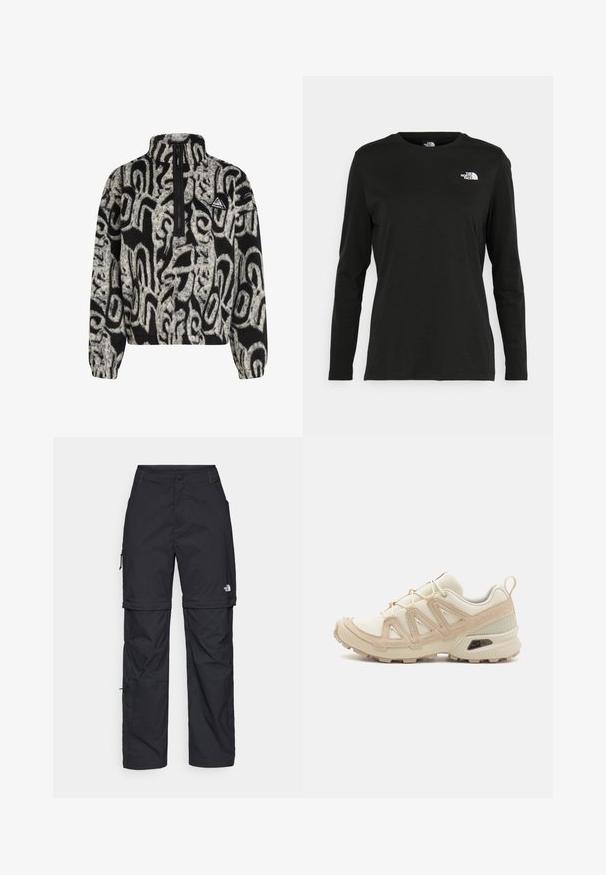 Čiernobiele fleecové pulóver s vzorom, s štvrťovým zipsom a trojuholníkovou nášivkou loga O'Neill na hrudi.; Čierne tričko s dlhým rukávom vyrobené z bavlny s okrúhlym výstrihom. Obsahuje malé biele logo na ľavej strane hrudníka. Jednoduchý dizajn a strih.; Čierne nylonové cargo nohavice s odnímateľnými nohavicami, nastaviteľnými manžetami, viacerými vreckami a logom na pravej nohe. Hladká, ľahká textúra.; Beige a krémová športová obuv s textúrovaným sieťovým zvrškom, podporujúcimi prekrytiami a gumovou podrážkou s dezénom pre trakciu.