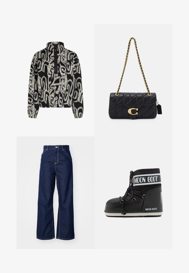 Fekete-fehér mintás bolyhos pulóver negyedcipzárral és háromszög alakú O'Neill logóval a mellrészen.; Sötétkék farmer széles szárú nadrág, magas derékkal, kontrasztos fehér varrással és klasszikus öt zsebes kialakítással.; Fekete Moon Boot párnázott felsőrésszel, fűzővel rögzítve, jellegzetes fehér szalaggal, amelyen a logo található. Vastag, texturált gumitalp.; Fekete steppelt táska arany lánc pánttal, jellegzetes arany zár mellett és egy kis címkével, amely textúrált bőrfelületet mutat be.