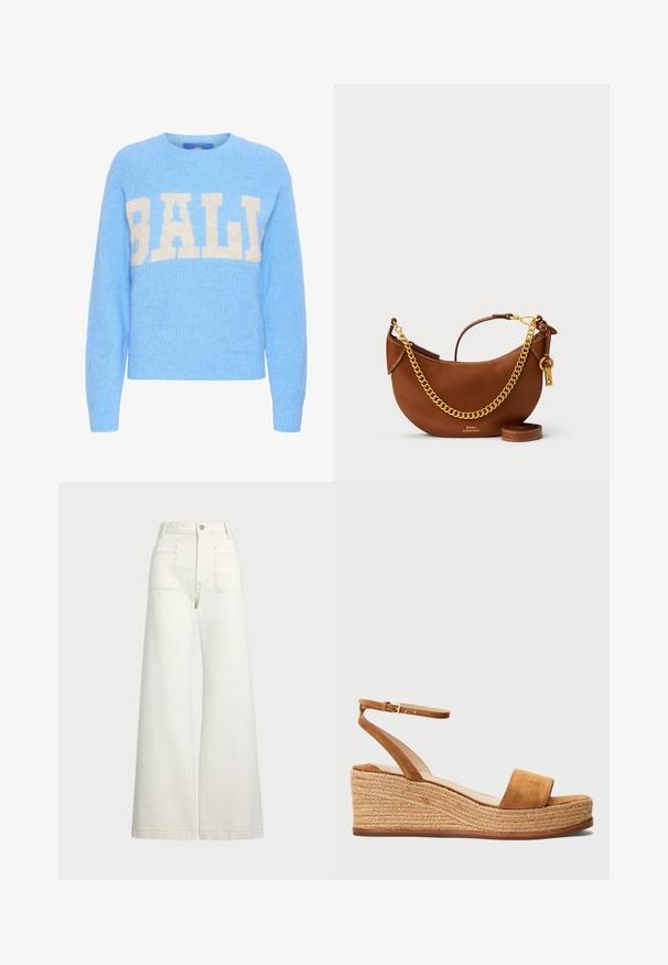 Nebesko modra pletena jopica s kremnim logotipom "BALI" čez prsi. Rebrasta tekstura na manšetah in obrobju, z okroglo ovratnikom.; Široke jeans hlače v off-white denim tkanini. Visok pas z gumbnim zapiranjem, dvema sprednjima žepoma in detajli kontrastnega šivanja.; Rjave suknje z wedges, širokim prstnim trakom, nastavljivim gležnjenjem in prejo iz jutovin. Ravna podloga z teksturiranim zaključkom.; Rjava usnjena torbica s ukrivljenim dizajnom, zlatim verižnim trakom, notranjim žepom in snemljivim ramenskim trakom. Ima kontrastno šivanje.