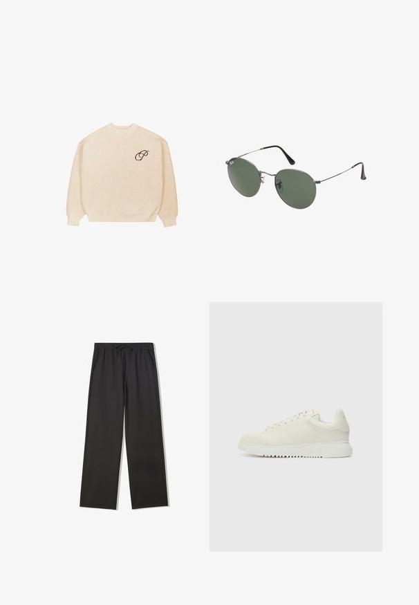 Beige svetr s kulatým výstřihem a dlouhými rukávy, s žebrovanými manžetami, na levé hrudi s malým tmavým vyšitým nápisem "P".; Černé kalhoty s elastickým pasem s šňůrkou a bočními kapsami, s volnějším střihem a rovnými nohavicemi.; Bílé kožené tenisky s texturovaným svrškem, kulatou špičkou, plochou bílou podešví a tonálními tkaničkami. Jemné brandování na jazyku.; Sluneční brýle s kovovým rámem a oválnými zelenými skly. Tenký stříbrný kovový rám a černé chrániče uší. Minimalistický design, žádné viditelné logo.