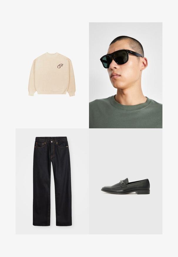 Pulover bej cu guler rotund, cu mâneci lungi și manșete cu nervuri, având un mic script brodat închis la culoare "P" pe pieptul stâng.; Jeans negri din denim pentru bărbați, cu croială dreaptă, cinci buzunare și cusături portocalii, închidere cu nasture și fermoar pe talie.; Pantofii negri din piele cu un finisaj neted, având un design cusut și un accent decorativ de lanț metalic peste partea de sus. Toc plat.; Ochelari de soare rectangulari negri cu lentile închise, având o formă distinctivă și branding pe templu. Purtați de o persoană într-o cămașă verde.