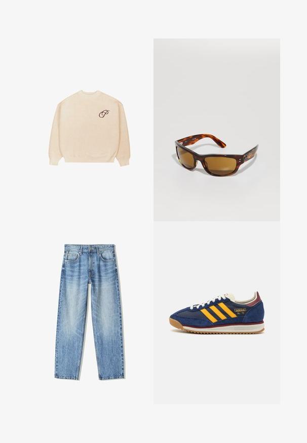 Beige crewneck sweater with long sleeves and ribbed cuffs, featuring a small dark embroidered script "P" on the left chest.; Light blue denim jeans with a loose fit, straight leg design, five pockets, and faded texture. Includes a front button and zipper closure.; Navy suede sneaker with yellow stripes, white laces, and burgundy accents. Textured sole with grooves for traction. Brand logo on side.; Tortoiseshell sunglasses with brown lenses. Sleek rectangular frame, smooth texture, subtle branding on side, and curved arms for comfort.