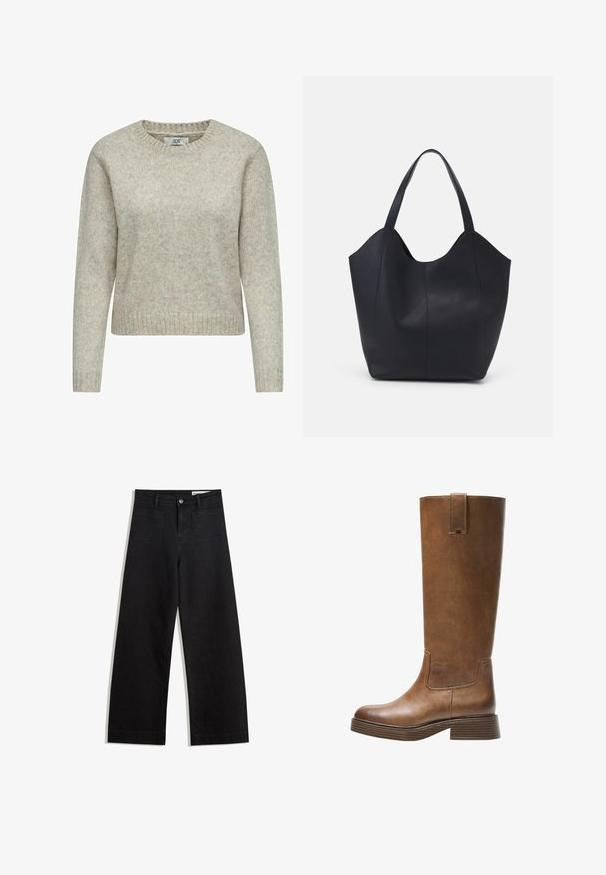 Jasno beżowy sweter damski wykonany z miękkiej dzianiny, z okrągłym dekoltem oraz prążkowanymi mankietami i dołem. Klasyczny, prosty krój.; Czarne dżinsowe spodnie o szerokich nogawkach i wysokim stanie, z przednimi i tylnymi kieszeniami, przeszyciami oraz zapięciem na guziki. Gładka struktura.; Brązowe skórzane wysokie buty do kolan z okrągłym noskiem, teksturowaną powierzchnią i niskim piętrem o warstwowej budowie. Posiadają boczną wstawkę oraz pętelkę na górze.; Czarna torba na ramię wykonana z gładkiej skóry, z zaokrąglonym, otwartym topem i dwoma paskami na ramię oraz minimalistycznym designem.
