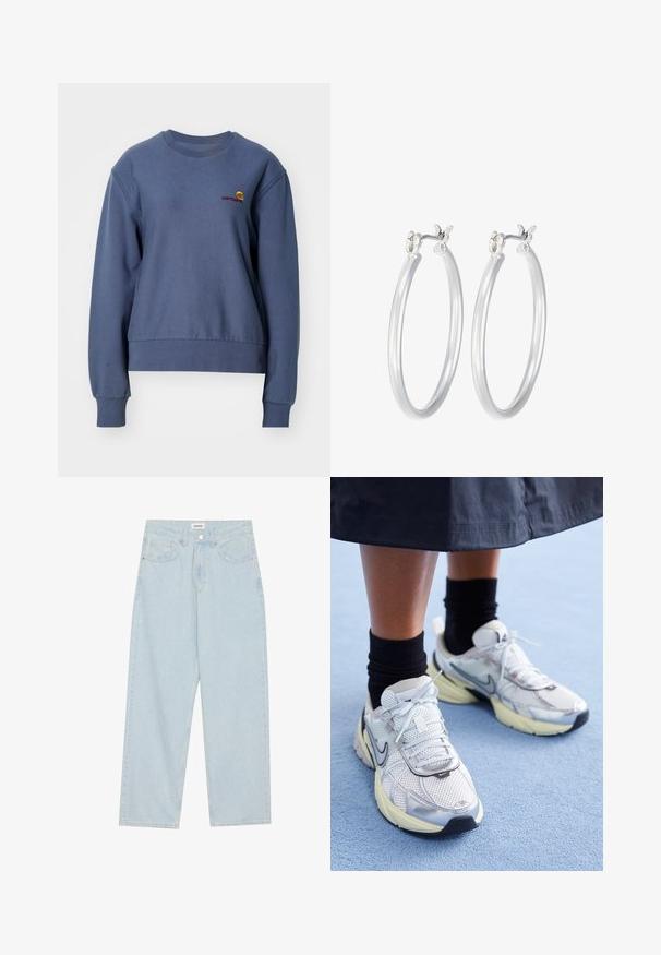 Carhartt WIP AMERICAN SCRIPT - Sportska majica - positano; Bijela rebrasta dugosveđa majica s okruglim izrezom. Izrađena od rastezljivog materijala koji se prilagođava tijelu. Sadrži suptilne horizontalne linije.; Svijetloplave široke traperice s srednjim strukom, pet džepova i zatvaranjem na gumba s uskim metalnim detaljem.; Bijele i srebrne Nike tenisice od mrežaste tkanine, s reflektirajućim detaljima i bež potplatom. Nosi se s crnim čarapama, stojeći na plavoj površini.; Srebrne kružne naušnice s glatkom, poliranom površinom. Okrugli oblik i sigurno kopčanje na klik. Lagani dizajn pogodan za svakodnevno nošenje.