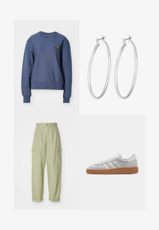 Carhartt WIP AMERICAN SCRIPT - Sweatshirt - positano; White ribbed long-sleeve top with a round neckline. Made from a stretchy fabric that hugs the body. Features subtle horizontal lines.; Light green cargo pants made from cotton fabric. Features a high waist, rolled cuffs, and two side cargo pockets for added utility.; Light grey suede sneaker with white leather accents, three white stripes, and a brown rubber sole, featuring a padded collar for comfort.; Silver hoop earrings featuring a smooth, glossy finish with a minimalist design and secure closure at the top.