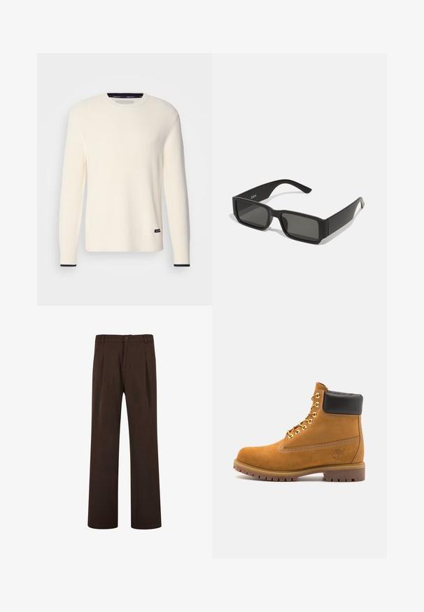 Jersey de punto acanalado en color crema con cuello redondo, mangas largas y un acento en color marino en los puños. Presenta una pequeña etiqueta con logo en el dobladillo.; Pantalones marrones de diseño recto, con cierre de botón y pliegues, hechos de una tela suave. Sin bolsillos visibles ni patrones.; Botín de ante marrón claro con collar acolchado negro, ojales de metal dorado, detalles de costura blanca y suela de goma resistente con tacos pronunciados.; Gafas de sol negras con lentes rectangulares, armazón de plástico mate y bordes rectos. Presentan el logo de la marca en el interior de la patilla.