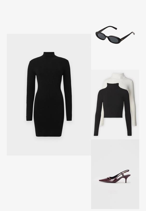 Duas camisolas de gola alta com texturização: uma preta e uma branca. Ambas têm mangas longas e um corte cropped, apresentando um tecido suave e texturizado.; Vestido preto de manga comprida com silhueta ajustada e decote alto, feito de um tecido texturizado, oferecendo uma aparência lisa e elegante.; Sapatos de salto slingback bordeaux com bico fino, acabamento em couro lustroso, pequeno recorte na parte da frente e um elegante salto agulha com acentos dourados.; Óculos de sol pretos oversized com lentes ovais, armação de plástico suave e detalhes em dourado nas hastes. As lentes escuras oferecem proteção solar.; Pepe Jeans GRACEY - Mala de mão - burgundy red