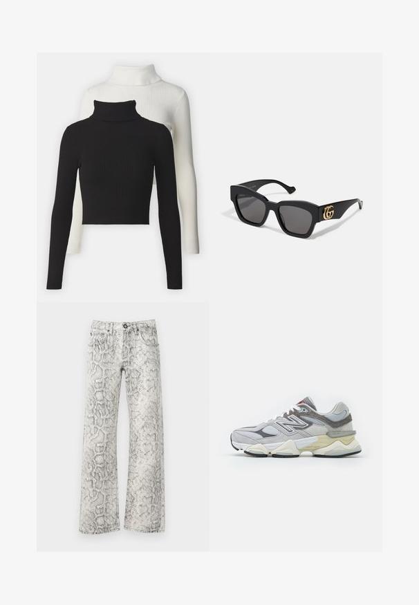 Two ribbed turtlenecks: one black, one white. Both have long sleeves and a cropped cut, featuring a soft, textured fabric.; BDG Urban Outfitters STRAIGHT LEG - Straight leg jeans - grey; Gray suede and mesh sneaker with a thick white and beige sole, featuring a prominent white logo and red accent details.; Black rectangular sunglasses with dark lenses, featuring gold GG logo on the side. Made of glossy plastic with straight temple arms.; Black leather handbag with a structured shape, featuring a gold "VALENTINO" logo strap and a detachable shoulder strap. Textured finish.