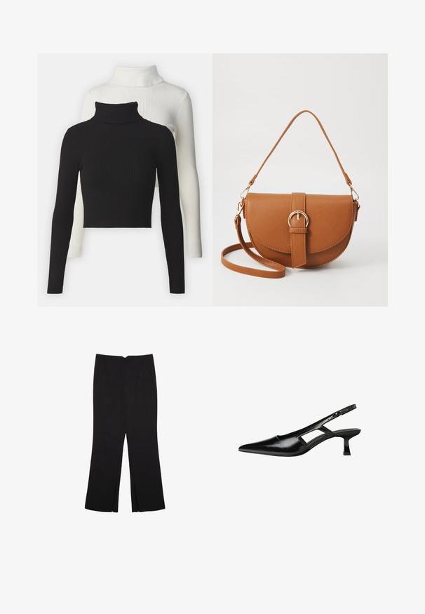 Kaksi ribattua korkeakaulusta: yksi musta, yksi valkoinen. Molemmissa on pitkät hihat ja lyhyt leikkaus, ja ne ovat valmistettu pehmeästä, teksturoidusta kankaasta.; Mustat housut suoralinjaisella leikkauksella, joissa on etutaskut ja sivurei'ät helman alla. Valmistettu pehmeästä ja sileästä kankaasta. Sopii eri tilaisuuksiin.; Mustat lakatut nahkakengät, joissa on viistopää, leikattu sivusuunnassa ja pieni neliökoroke. Sujuva pinta, jossa on minimaalinen koristelu.; Ruskean nahkainen olkalaukku, jossa on kaareva muoto, kultaiset yksityiskohdat ja solkiyksityiskohta. Varustettu irrotettavalla olkahihnalla.