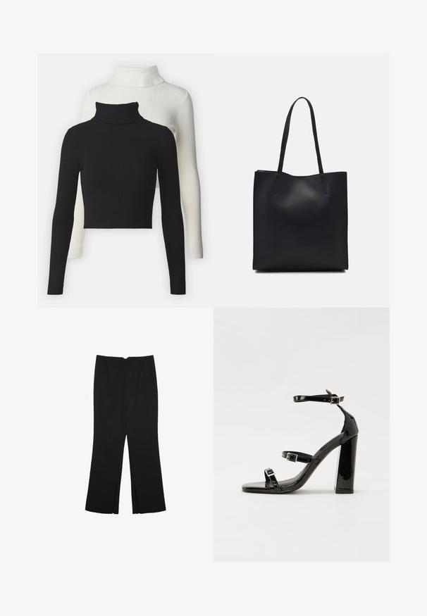 Dva rebrasta turtlenecka: eno črno, eno belo. Obe imata dolge rokave in skrajšan kroj, izdelani iz mehkega, teksturiranega materiala.; Črne hlače ravnega kroja z naglavnimi žepi in stranskimi razporki na robu. Narejene iz mehke, gladke tkanine. Primerne za različne priložnosti.; Črne lakirane sandale s peto, kvadratnim prstom, trakovi okrog gležnja in srebrnimi zaponkami. Opremljene so s stabilno Debelo peto.; Črna usnjena torba s svilnato teksturo, pravokotne oblike in dvema dolgima ročajema. Brez vidnih metalnih delov ali okrasnih elementov.