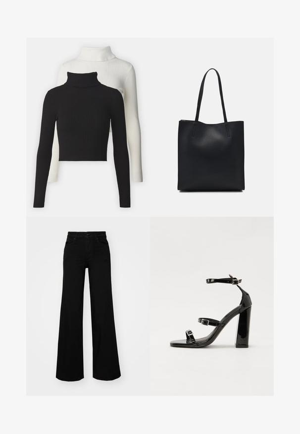 Két bordás magas nyakú pulóver: az egyik fekete, a másik fehér. Mindkettő hosszú ujjú és cropped fazonú, puha, texturált anyagból készült.; Fekete, bő szárú farmernadrág, amelynek állítható derékrésze van, övhurkokkal és elülső zsebekkel. Simaság jellemzi, klasszikus dizájnnal.; Fekete lakk magas sarkú szandál négyzet alakú orral, bokapántokkal és ezüst csatokat tartalmaz. Masszív blokk sarka a stabilitásért felel.; Fekete bőrtáska sima felszínnel, téglalap alakú, két hosszú füllel. Nincs látható fémkiegészítő vagy díszítés.