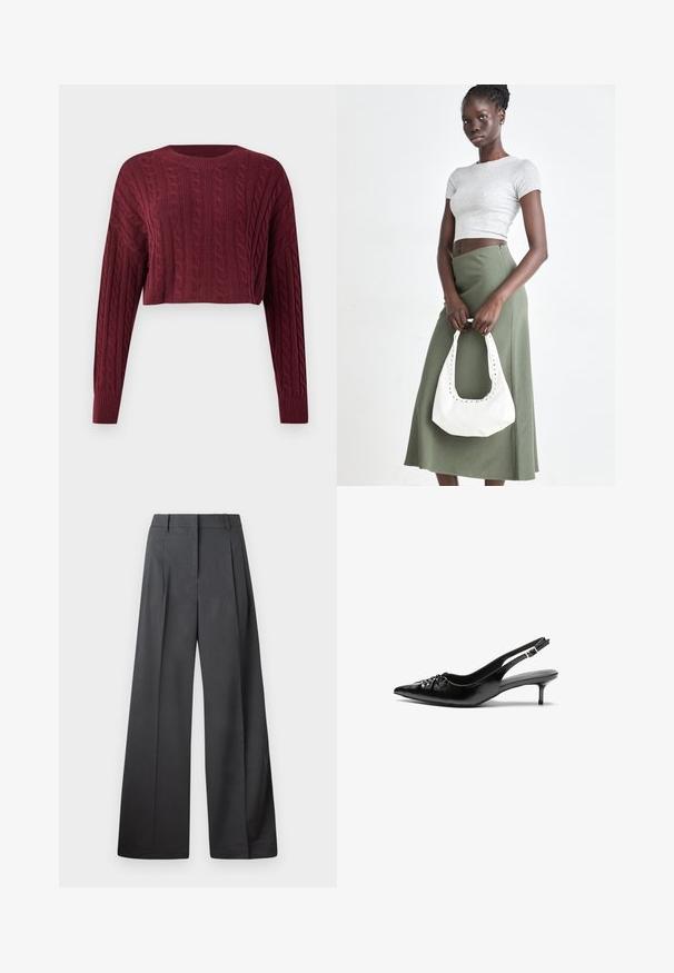 Burgundi vörös cropped pulóver kábel kötés mintával, hosszú ujjú, bordás gallérral és mandzsettával, texturált anyaggal.; Széles szárú nadrág sötétszürke anyagból, magas derekú, egyes redőkkel, sima textúrával és tiszta befejezéssel a szegélyeken.; Fekete bőrből készült slingback magassarkú cipők hegyes orral, kis francia sarokkal és díszes csomóval az elején. Az egész felületen sima textúra.; Szürke bordázott cropped top és olajzöld, magas derékú szoknya. A modellen egy fehér válltáska van, amely kivágott részletekkel rendelkezik. Egyszerű dizájn, testhezálló sziluett.