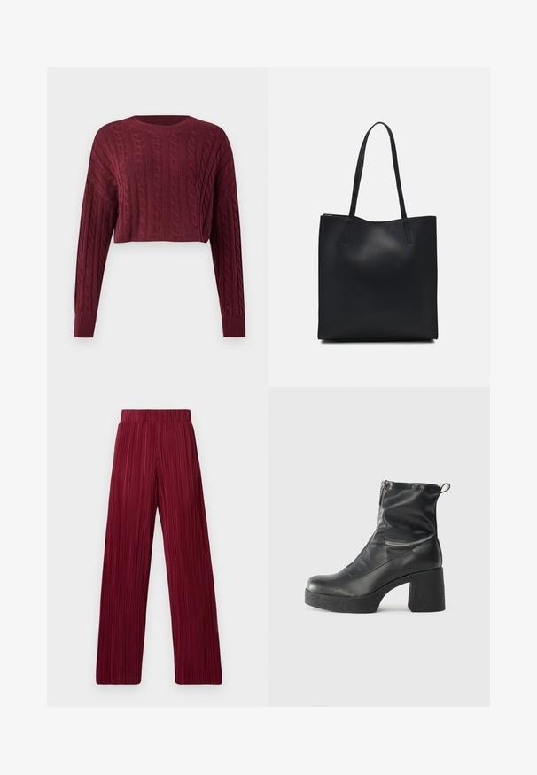 Burgunderfarbener, kurz geschnittener Pullover mit Zopfmuster, langen Ärmeln und geripptem Halsausschnitt sowie Bündchen, der einen strukturierten Stoff zeigt.; Bordeauxfarbene, plissierte, weite Hosen mit elastischem Bund. Der strukturierte Stoff weist vertikale Streifen auf. Gerader Schnitt bis zum Saum.; Schwarze Stiefeletten aus glattem Leder mit seitlichem Reißverschluss, klobigem strukturiertem Absatz und runder Zehenform.; Schwarze Laptoptasche aus Leder mit glatter Textur, rechteckiger Form und zwei langen Griffen. Keine sichtbaren Beschläge oder Verzierungen.