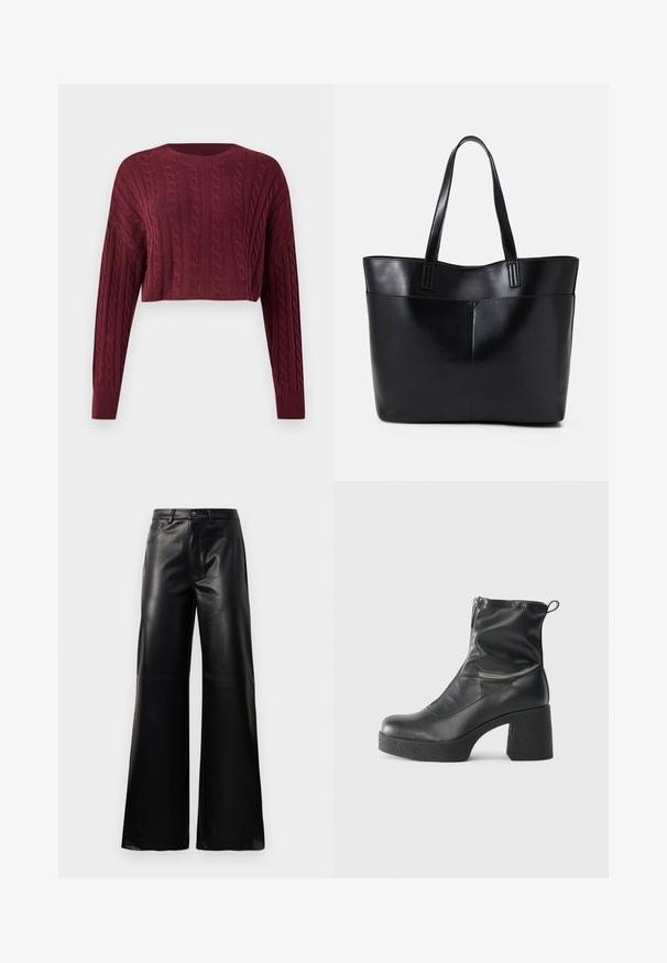Burgunderfarbener, kurz geschnittener Pullover mit Zopfmuster, langen Ärmeln und geripptem Halsausschnitt sowie Bündchen, der einen strukturierten Stoff zeigt.; Schwarze leichte, weit geschnittene, hochtaillierte Kunstlederhose mit vorderem Knopf, Reißverschluss, Gürtelschlaufen und Seitentaschen auf weißem Hintergrund.; Schwarze Stiefeletten aus glattem Leder mit seitlichem Reißverschluss, klobigem strukturiertem Absatz und runder Zehenform.; Schwarze Leder-Shopper-Tasche mit zwei langen Griffen, einer glatten Textur und einer strukturierten Form. Verfügt über eine Vordertasche für zusätzlichen Stauraum.
