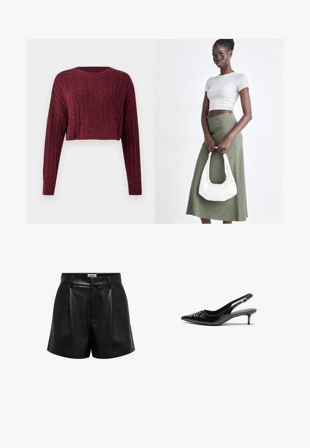 Burgunderfarget kortermet genser med kabelstrikkmønster, lange ermer og ribbestrikket halslinning og mansjetter, som viser teksturert stoff.; Svarte høye shorts i imitert skinn med beltehemper, frontfolder og skjult glidelås, merket "ONLY" på innsiden av midjen.; Sorte skinnert remsandaler med spiss tå, liten kittenhæl og en dekorativ knute detalj foran. Glatt tekstur gjennom hele.; Grå ribbet topp og olivengrønn høy midje skjørt. Modellen holder en hvit skulderveske med utskjæringsdetaljer. Enkelt design, tettsittende silhuett.