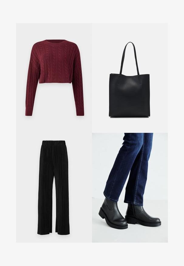 Burgundy kortärmad tröja med kabelstickat mönster, långa ärmar och ribbad halsringning och mudd, som visar strukturerad tyg.; Svarta plisserade byxor med resårmidja. Har vida ben och ett mjukt, texturerat material med vertikala ränder.; Svarta läderankelskor med tjock sula och sidodelar i elastisk material, kombinerade med mörkblå jeans. Markytan är i ljus färg.; Svart lädertoffelväska med slät textur, rektangulär form och två långa handtag. Ingen synlig hårdvara eller dekorationer.