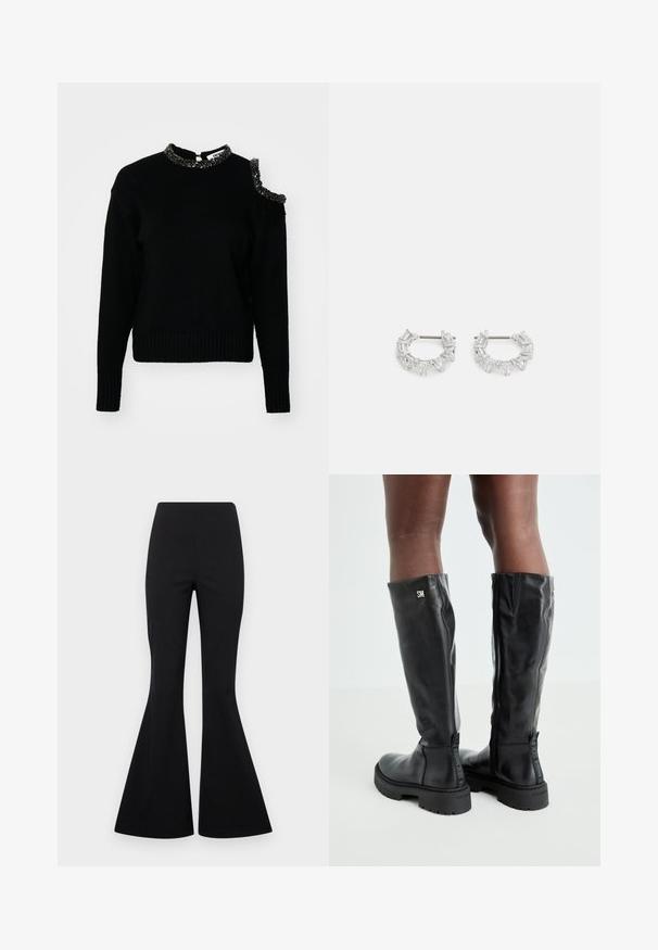 Black knitted sweater with ribbed hem and cuffs. Features a beaded neckline and one shoulder with a cut-out, adding a unique design element.; Black flared trousers made of stretchy fabric with a smooth texture, featuring a high waist and wide, bell-bottom style legs.; Black knee-high leather boots with a smooth texture, rounded toe, chunky sole, and zipper closure. Features silver logo on the side.; Silver hoop earrings featuring clear, rectangular and triangular crystals arranged in a patterned design. Posts for secure fastening.