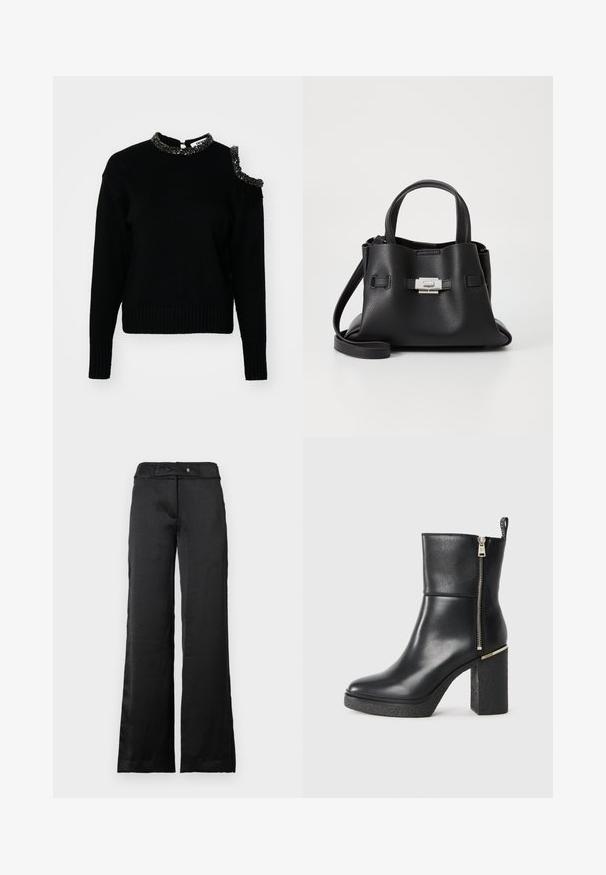 Black knitted sweater with ribbed hem and cuffs. Features a beaded neckline and one shoulder with a cut-out, adding a unique design element.; Black wide-leg trousers with a smooth texture, featuring a waistband and button closure. Simple design, suitable for various occasions.; Black ankle boot made of smooth leather, featuring a side zipper and a textured block heel. Slip-on design with a rounded toe.; Black leather handbag with a textured finish, featuring two top handles, a detachable shoulder strap, and a silver clasp detail.