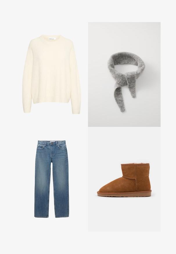 Kermansateen neule, joka on valmistettu pehmeästä, teksturoidusta kankaasta. Tyylissä on pyöreä kaula-aukko ja löysät hihat, joissa on ribbitoidut hihansuut ja helma.; Vaaleansiniset farkut suoran leikkauksen, viiden taskun ja kuparinväristen yksityiskohtien kanssa. Kankaassa on hieman haalistumista ja sileä pinta.; Ruskea mokkanahkainen nilkkaboots, jossa on pyöreä kärki ja pehmeä vuori, varustettuna tasaisella kumipohjalla ja minimoiduilla ompeluyksityiskohdilla.; Samsøe Samsøe NOR - Huivi - grey melange