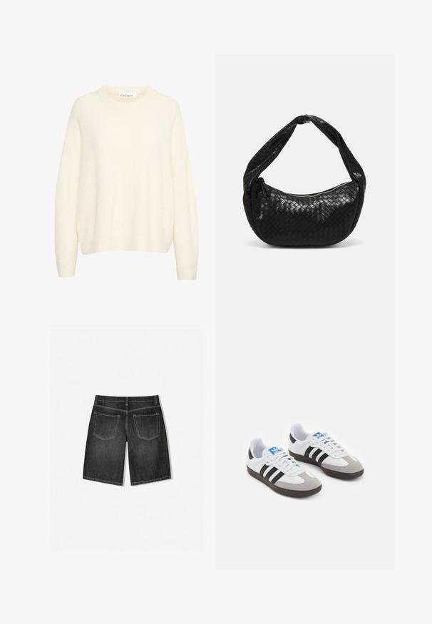Maglione color crema realizzato in un morbido tessuto testurizzato. Presenta un collo rotondo e maniche a vestibilità ampia, con polsini e orlo a coste.; Shorts in denim grigio scuro con taglio dritto, caratterizzati da due tasche posteriori e cuciture a contrasto sottili. Il tessuto ha una consistenza liscia.; Scarpe sportive con tomaia in pelle bianca, punta in suede grigia e tre strisce nere. Presentano un logo blu sulla linguetta e una suola in gomma testurizzata.; Borsa a tracolla in pelle intrecciata nera con forma curvata, dotata di una maniglia spessa e chiusura con zip. Superficie testurizzata con finitura lucida.