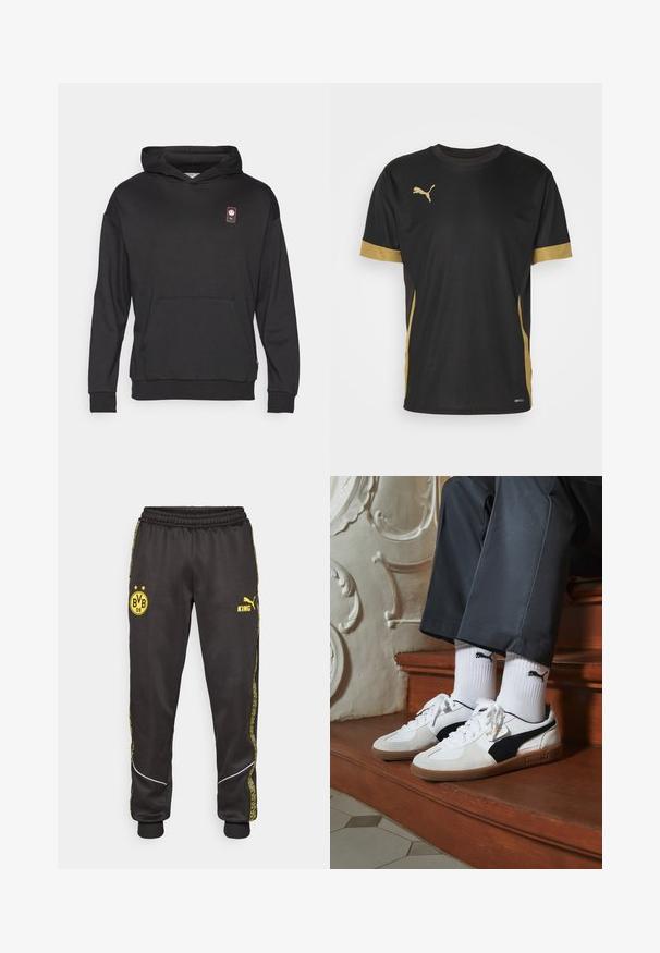 Sudadera negra hecha de una tela suave, con un bolsillo tipo canguro en la parte delantera, puños acanalados y un pequeño parche de logo en la parte superior izquierda.; Camiseta deportiva negra con acentos dorados en las mangas y los laterales. Presenta un cuello redondo, mangas cortas y tejido DRYCELL que absorbe la humedad.; Pantalones deportivos negros con los logotipos amarillos de Borussia Dortmund BVB 09 y Puma King, banda elástica en la cintura y rayas laterales amarillas con un diseño.; Zapatillas Puma en gamuza blanca y negra, con una suela de goma marrón. Combinadas con calcetines blancos que muestran un logo negro, llevados con pantalones oscuros.