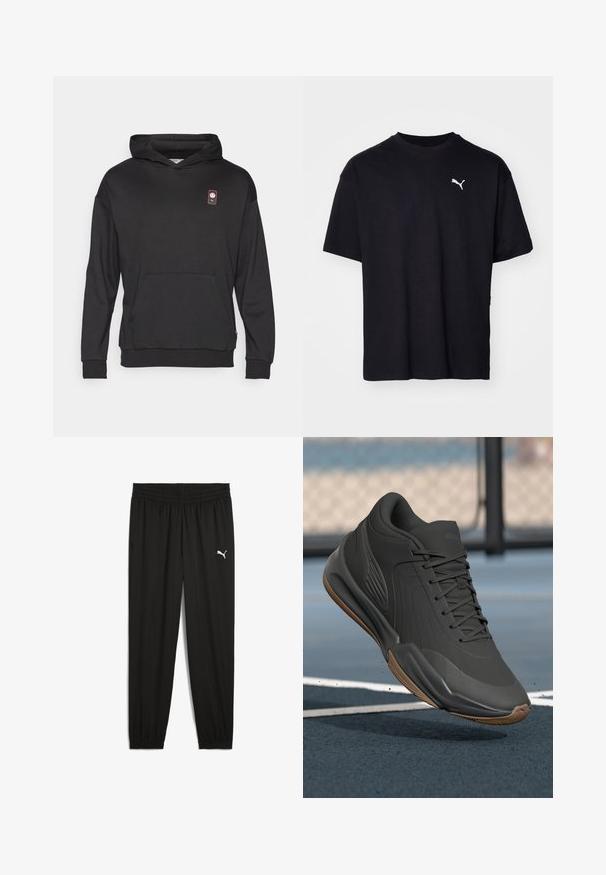 Crna dukserica od mekog materijala, s prednjim džepom u obliku kengura, rebrastim manžetama i malim logotipom na gornjem lijevom dijelu.; Crna pamučna majica s kratkim rukavima, okruglim izrezom i bijelim Puma logotipom na gornjem lijevom dijelu prsnog koša. Klasičan kroj, glatka tekstura.; Crne atletske hlače od laganog materijala, s elastičnim pojasom, suženim nogavicama i bijelim Puma logotipom na lijevom bedrima.; Crna atletska cipela s glatkim sintetičkim gornjim dijelom, teksturiranim naglascima i gumiranim potplatom, dizajnirana za performanse i udobnost.