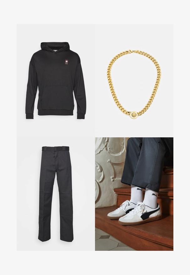 Must must, mis pehmest kangast, front kangaroo tasku, soonikkoes ja väike logo tarra vasakus ülanurgas.; Mustadest kangast püksid, mis on valmistatud vastupidavast materjalist, sirge jala disainiga, vöökoha jaoks nööbid ja õmblused lisatekstuuri saavutamiseks.; Puma tossud valgest ja mustast südamikust, millel on pruun kummi tall. Kombineeritud valgete sokkidega, millel on must logo, kantud tumedate pükstega.; Kuldne kett kaelakee suurte omavahel ühendatud linkidega, mille keskel on ringikujuline ripats, millel on kõrgendatud emblem.