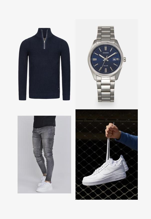 Marineblauer Strickpullover mit hohem Kragen und Viertelreißverschluss. Verfügt über eine gerippte Textur und taillierte Ärmel. Dezentes Branding an der Seite.; Schlanke Jeans aus ausgebleichtem grauem Denim, mit abgenutzten Details an den Knien, kombiniert mit weißen Sneakers. Glatte Textur, schlanker Schnitt.; Weiße Leder-Sneaker mit Perforationen, runder Zehenpartie, flacher Sohle und dicken Schnürsenkeln, mit sichtbar eingesticktem Swoosh-Logo und "AIR" an der Ferse.; Silberner Armbanduhr aus Edelstahl mit einem dunkelblauen Zifferblatt, metallischen Stundenmarkierungen und einem Datumsfenster bei 3 Uhr. Wasserdicht bis 50 Meter.