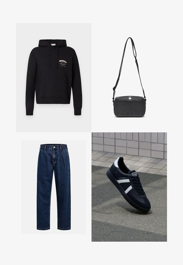 Crna dukserica s prednjim džepom, kapuljačom na vezanje i bijelim brendiranim logom na prsima. Izrađena od meke pamučne tkanine.; Tamno plave traperice s ravnim krojem. Imaju vidljivo šivanje, kopčanje na dugme i prednje nabore za dodatne detalje.; Crne kožne tenisice s bijelim prugama, strukturirana gumena potplate i vezanjem sprijeda. Ima oznaku brenda na jeziku.; Crna kožna torbica preko tijela s patentnim zatvaračem, ugraviranim logotipom sprijeda i podesivim remenom. Glatka tekstura s pravokutnim oblikom.
