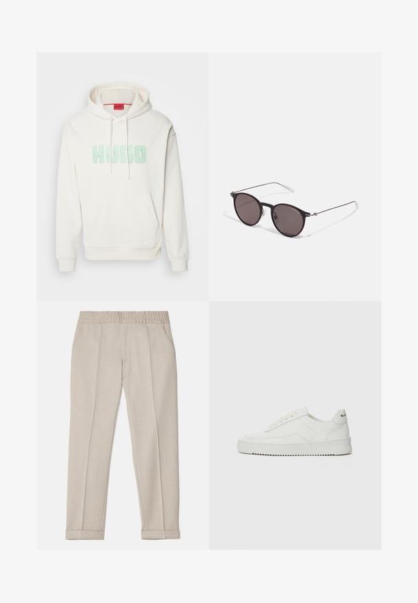 Cream hoodie made of soft cotton with a front pocket, featuring a light green "HUGO" logo. It has a drawstring hood and ribbed cuffs.; Filippa K TERRY CROPPED TROUSERS - Trousers - sage melange; White leather sneaker with a smooth finish, round toe, flat laces, and a textured sole. Features a subtle logo on the heel.; Black round sunglasses with dark lenses and slim metal arms. Includes clear temple tips and silver accents at the hinge. Minimalist design.
