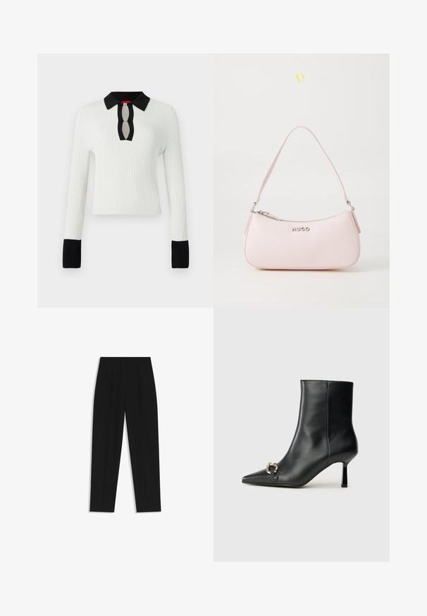 Hvid ribbet striktop med sorte krave- og manchetter, med en nøglehul-udskæring. Lange ærmer og figursyet design.; Hvid skjorte med knapper og marineblå lodrette striber, lange ærmer med hvide manchetter, klassisk krave og en buet søm. Glat stoftekstur.; Sorte bukser med lige pasform, der har dobbelte folder, en glat tekstur og et klassisk taljedesign. Ingen synlige hardware eller accenter.; Sort læder ankelstøvle med spidse tæer, slank hæl i mellemhøjde og sølvspænde detaljer på siden mod en ensfarvet baggrund.; Rosa læderhåndtaske med et buet design, lynlåslukning og skulderrem. Har et sølvlogo foran.
