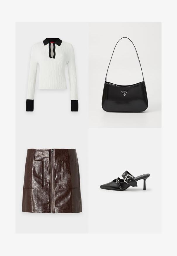 Top bianco a costine con colletto e polsini neri, caratterizzato da un dettaglio a forma di chiave sul collo. Maniche lunghe e design aderente.; Mini gonna in finta pelle marrone con zip frontale, due grandi tasche anteriori e una texture liscia e lucida.; Mule nere con tacco alto e punta affilata, realizzate in pelle liscia. Presentano una larga cinghia alla caviglia con una fibbia quadrata argentata e borchie.; Borsa a spalla in pelle verniciata nera con forma curva, dotata di logo triangolare in argento e chiusura con zip. Texture liscia e tracolla sottile.